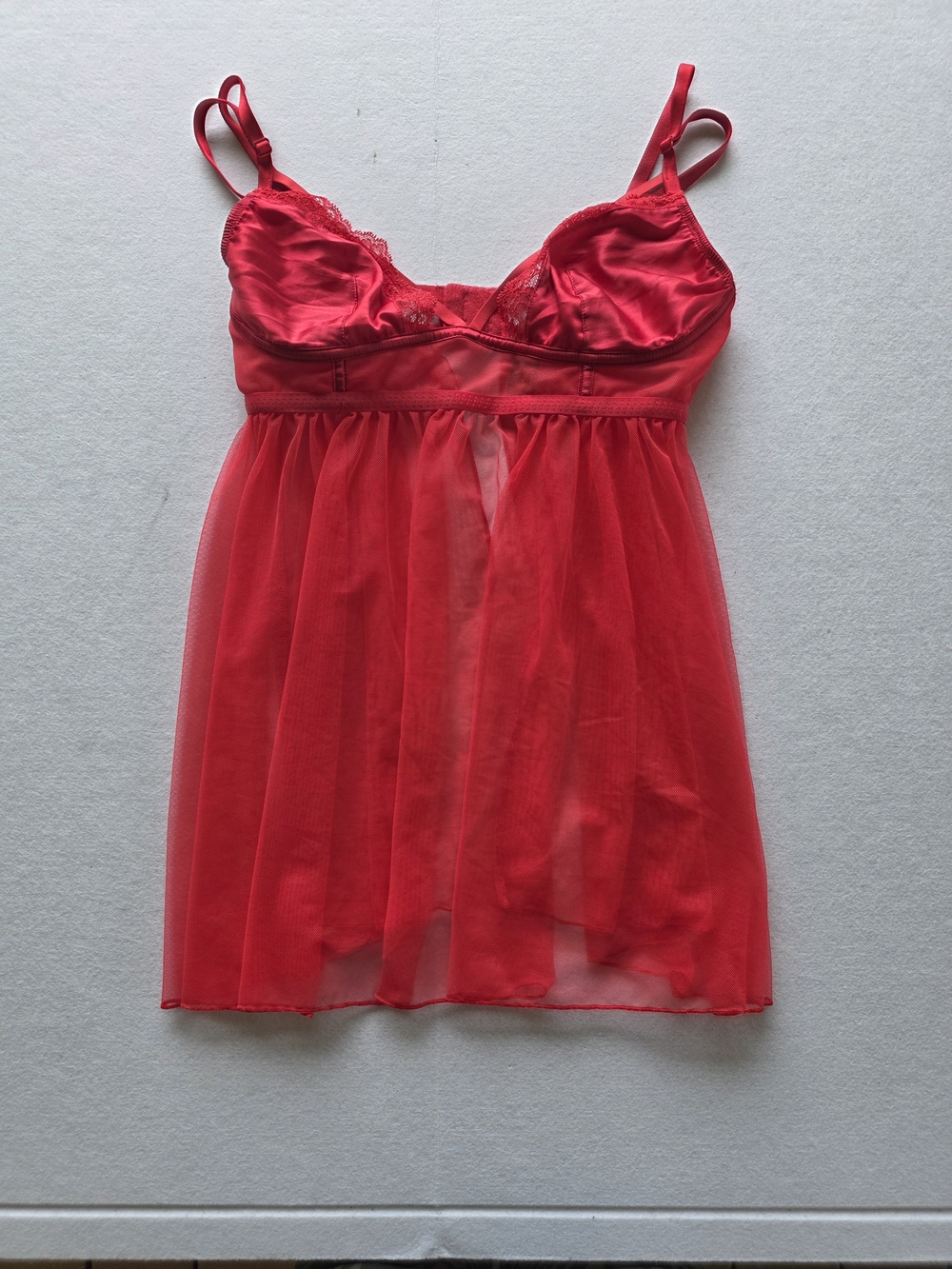 Victoria's Secret Red Satin & Mesh Babydoll Slip Dress Chemise